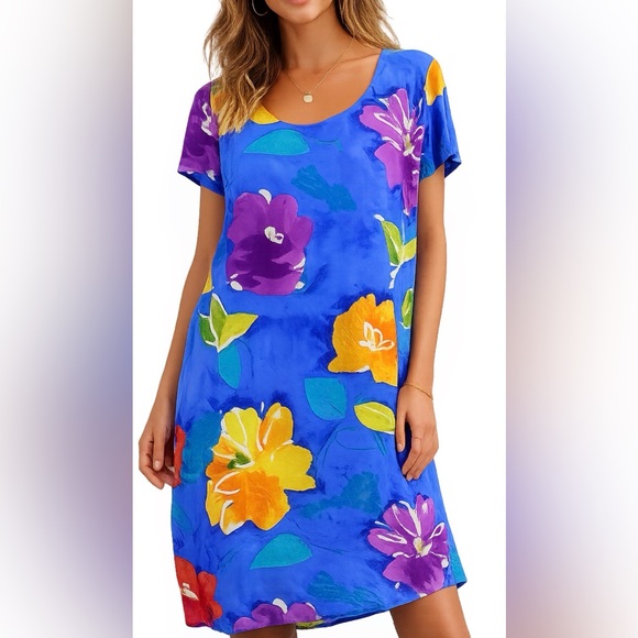 Jams World Dresses & Skirts - Jams World Sz L Hula Moon Trademark Hawaii Shift Cobalt Blue Yellow Floral Dress